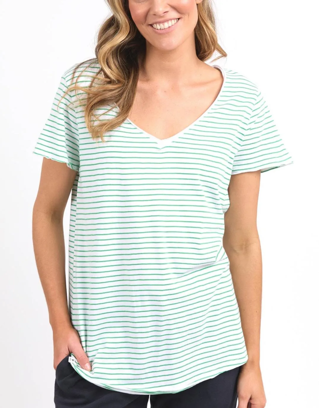 Remi Stripe Vee Tee - White/Green Stripe