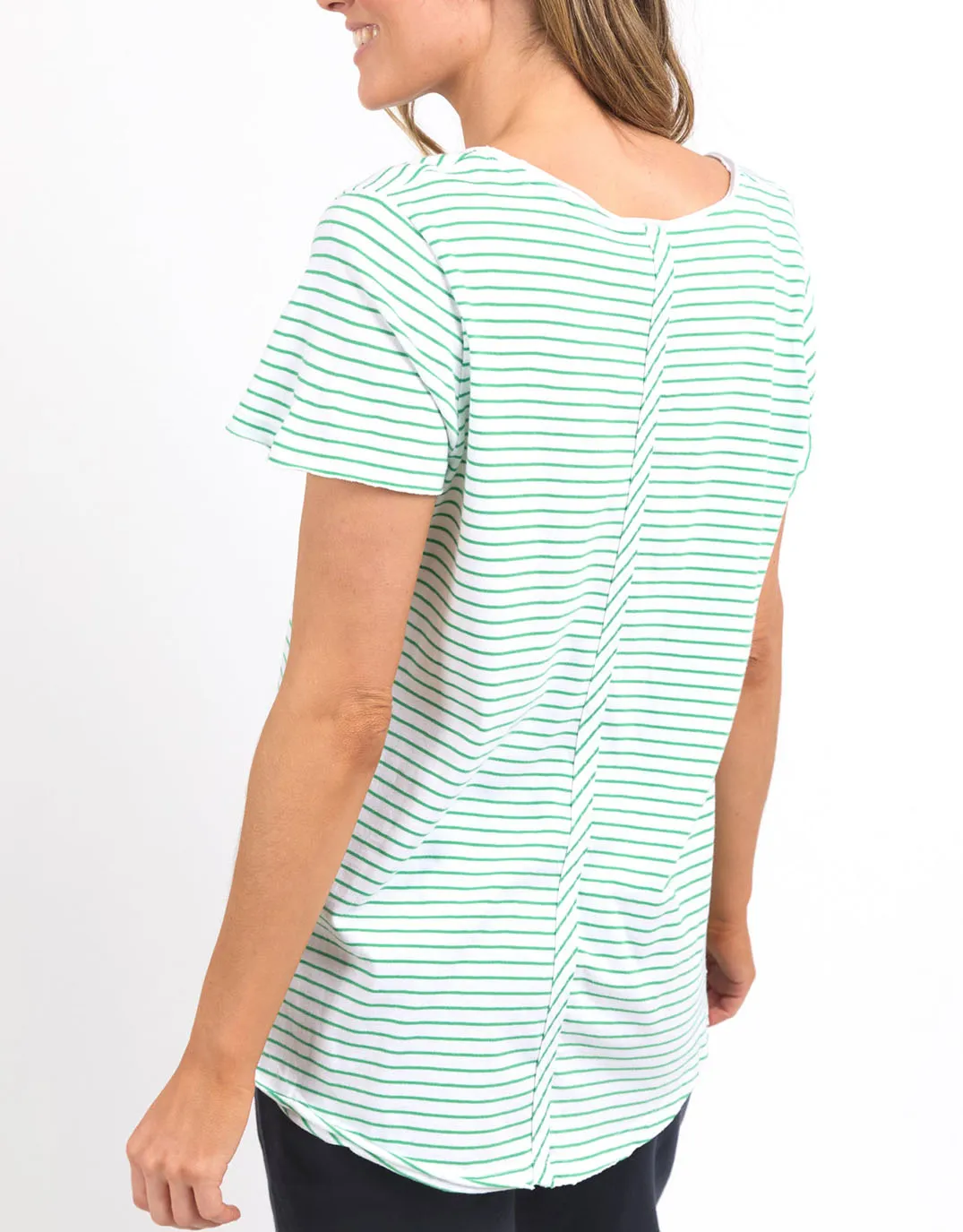 Remi Stripe Vee Tee - White/Green Stripe