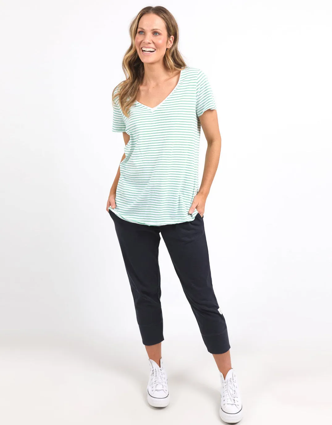 Remi Stripe Vee Tee - White/Green Stripe