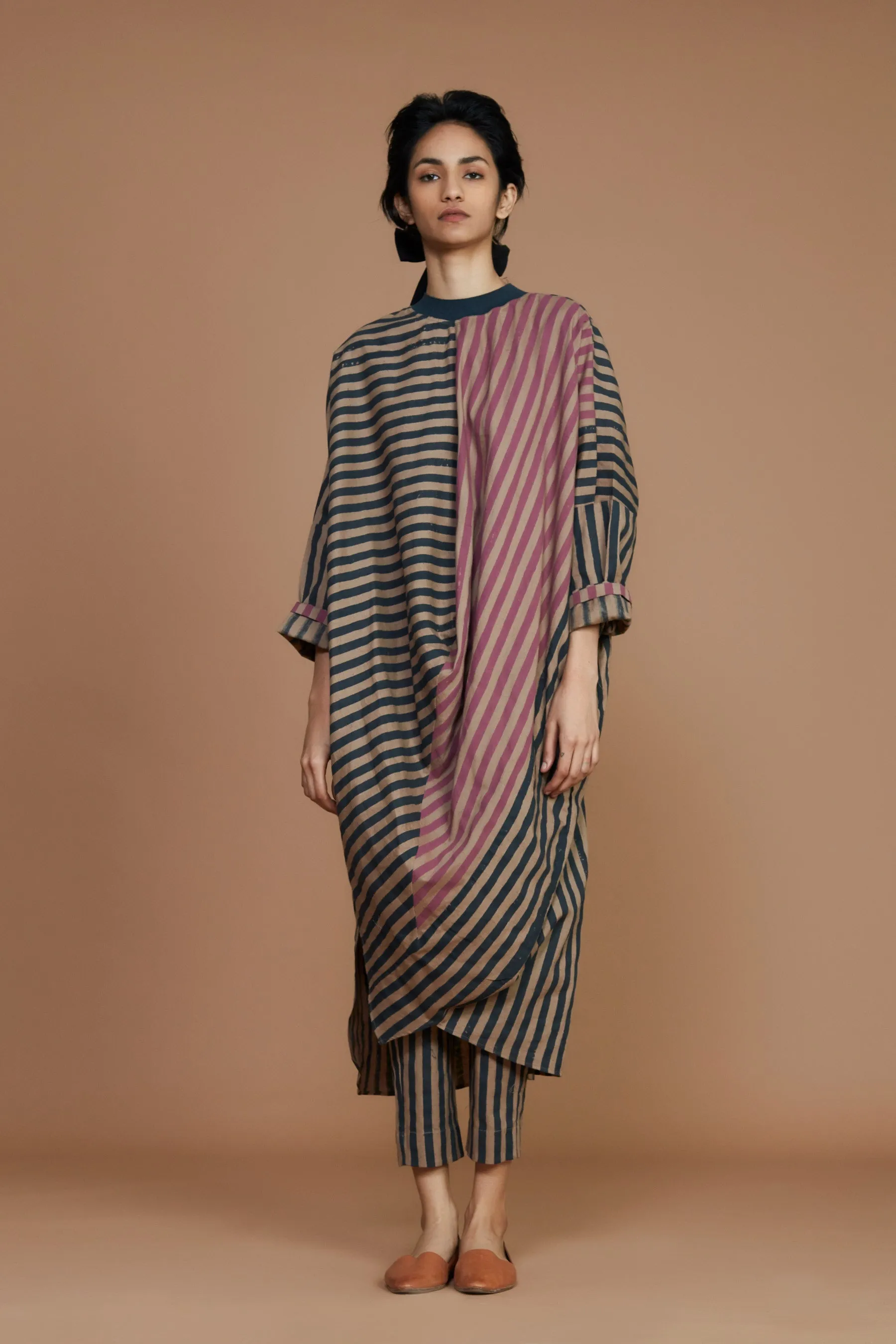 Ribbed Cowl Tunic Striped Brown Dress