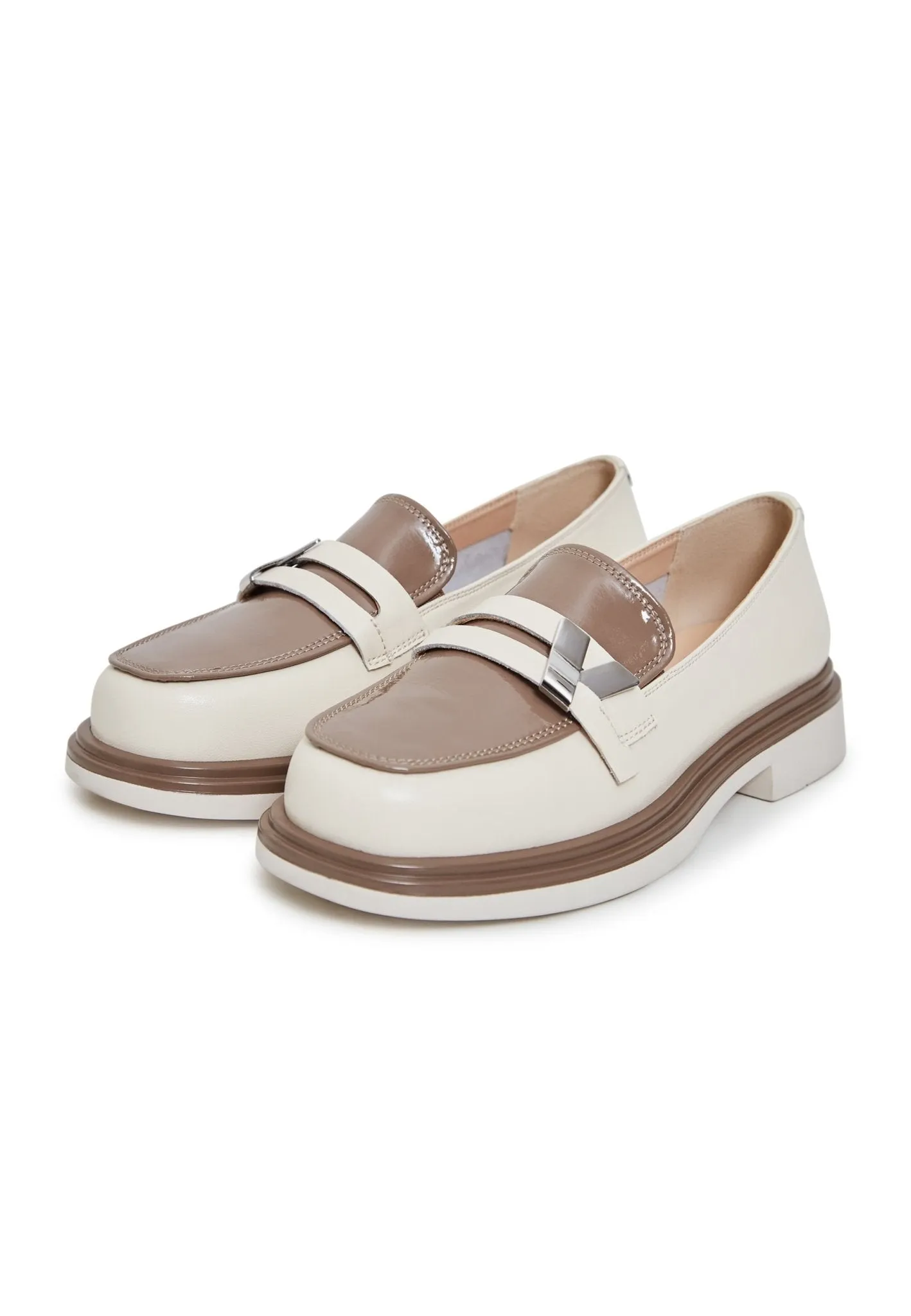 Round Tip Block Heel Loafers - Beige