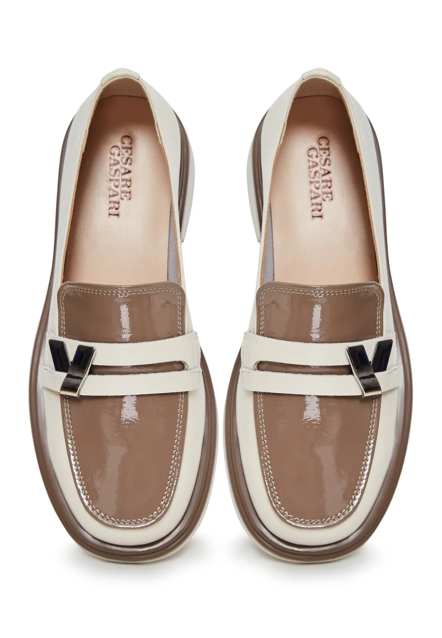 Round Tip Block Heel Loafers - Beige