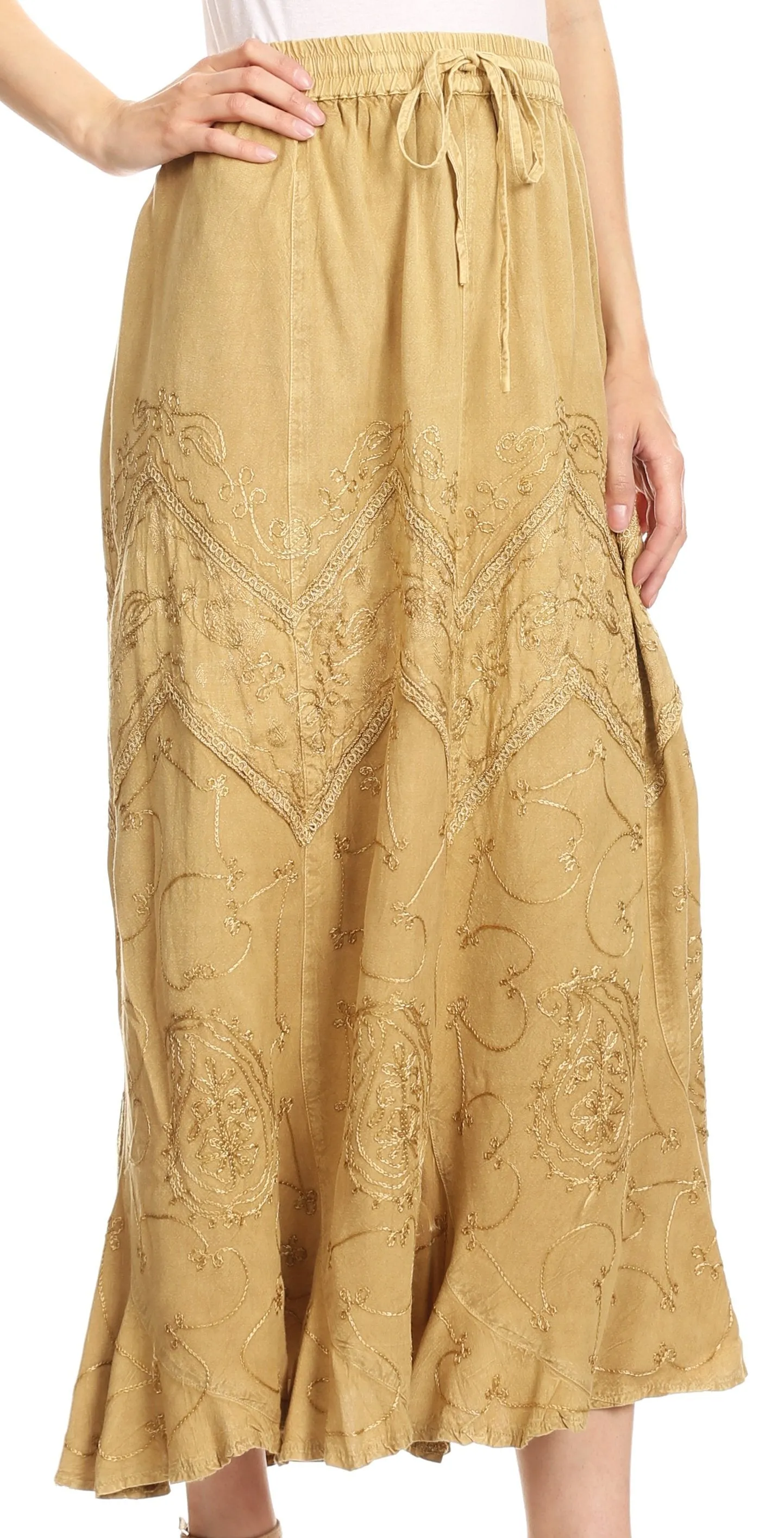 Sakkas Evelyn Womens Stonewashed Maxi Ruffle Skirt with Elastic Waist & Embroidery