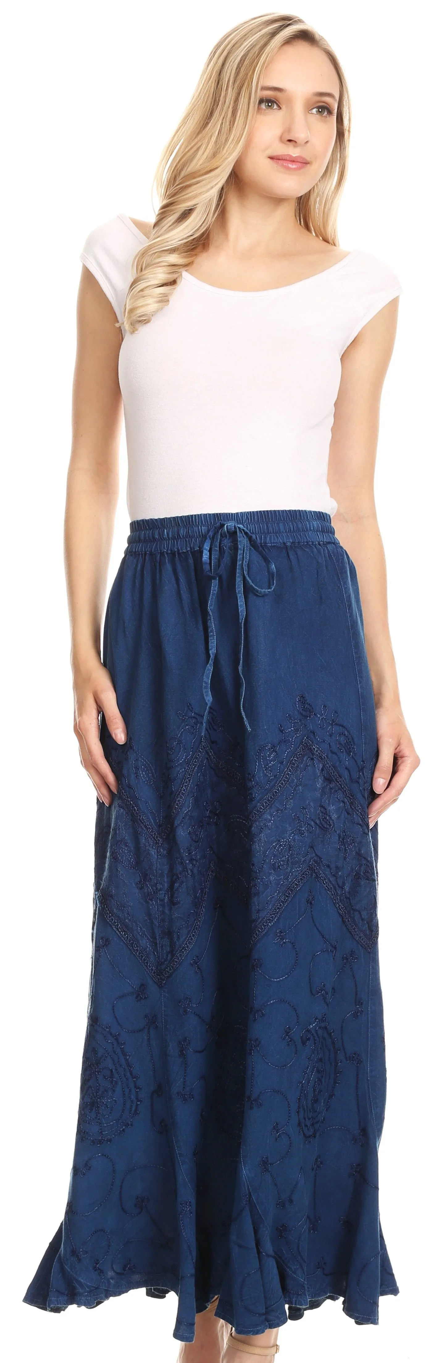 Sakkas Evelyn Womens Stonewashed Maxi Ruffle Skirt with Elastic Waist & Embroidery