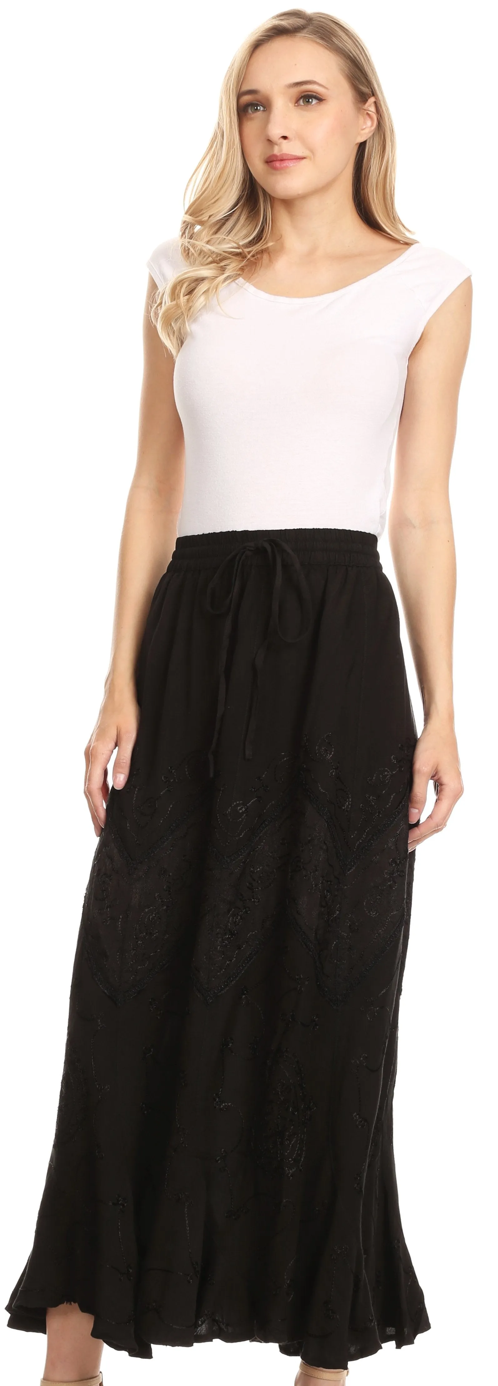 Sakkas Evelyn Womens Stonewashed Maxi Ruffle Skirt with Elastic Waist & Embroidery