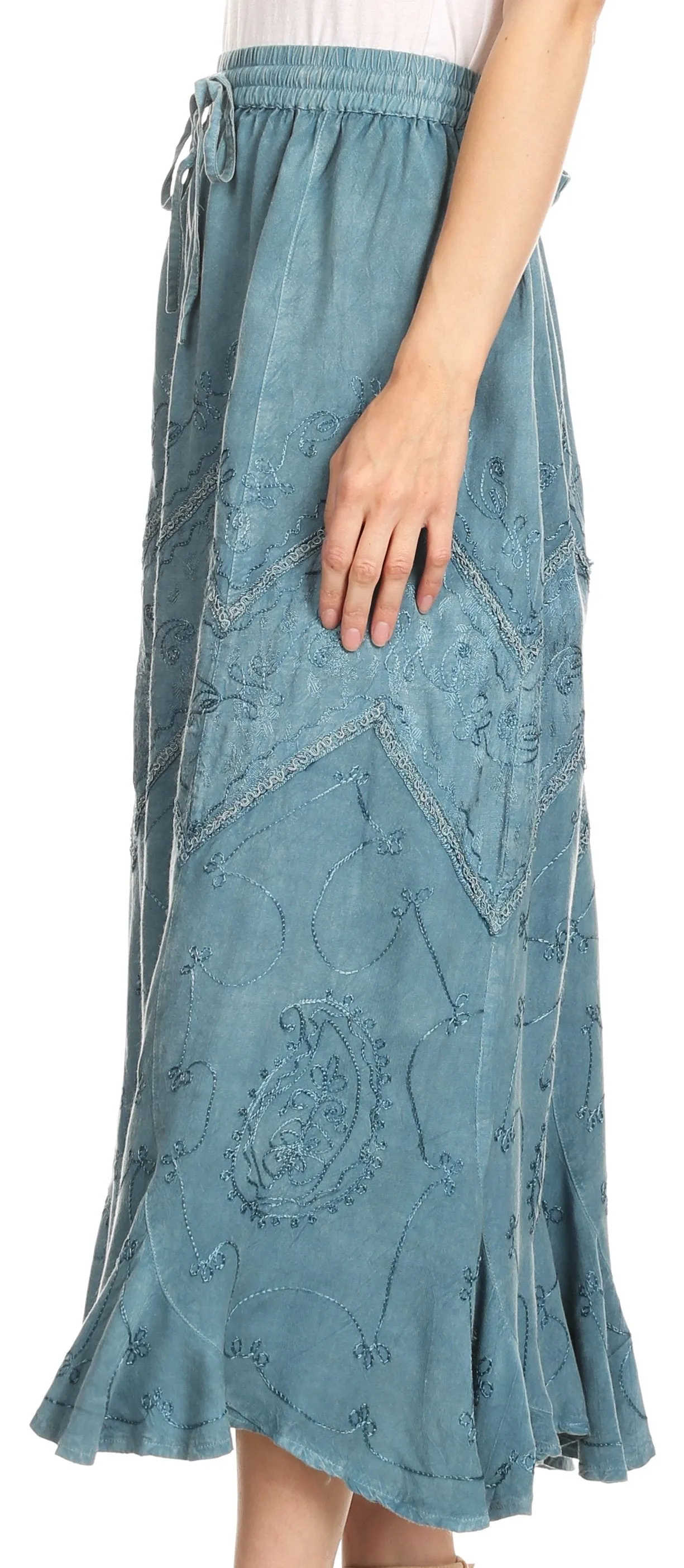 Sakkas Evelyn Womens Stonewashed Maxi Ruffle Skirt with Elastic Waist & Embroidery