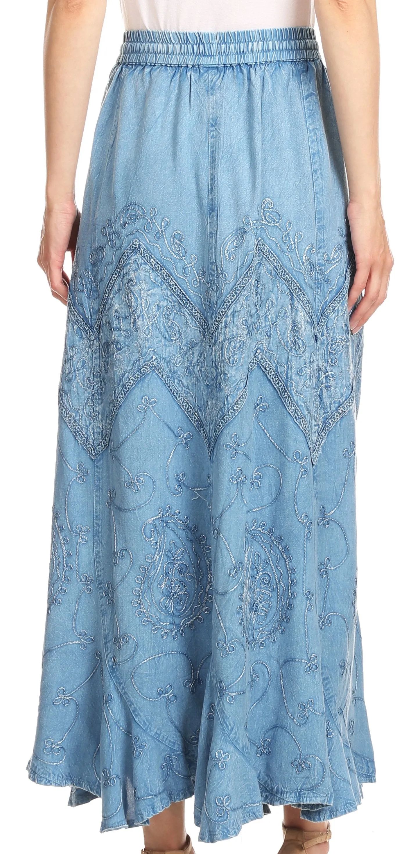 Sakkas Evelyn Womens Stonewashed Maxi Ruffle Skirt with Elastic Waist & Embroidery