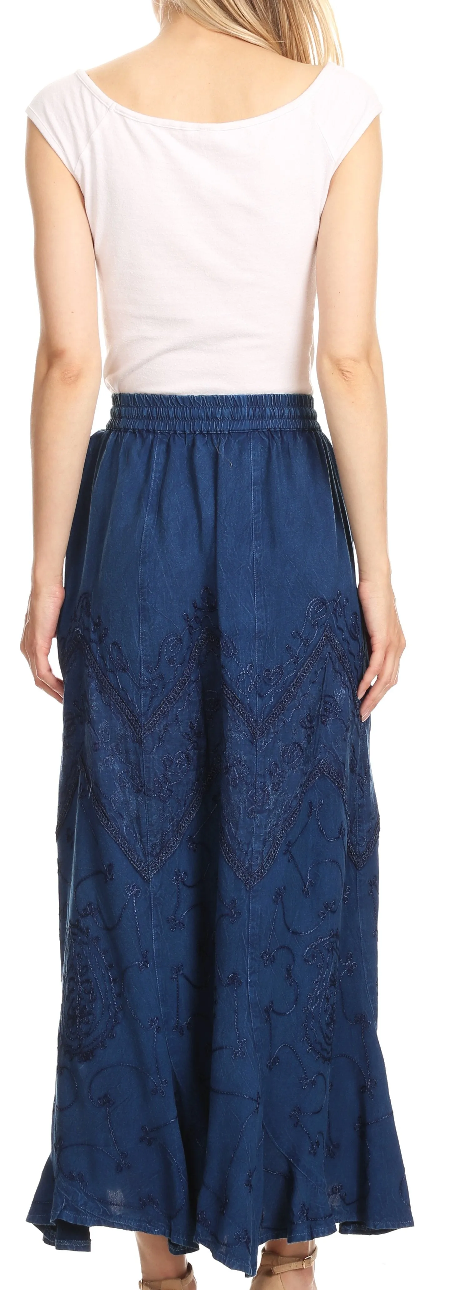 Sakkas Evelyn Womens Stonewashed Maxi Ruffle Skirt with Elastic Waist & Embroidery