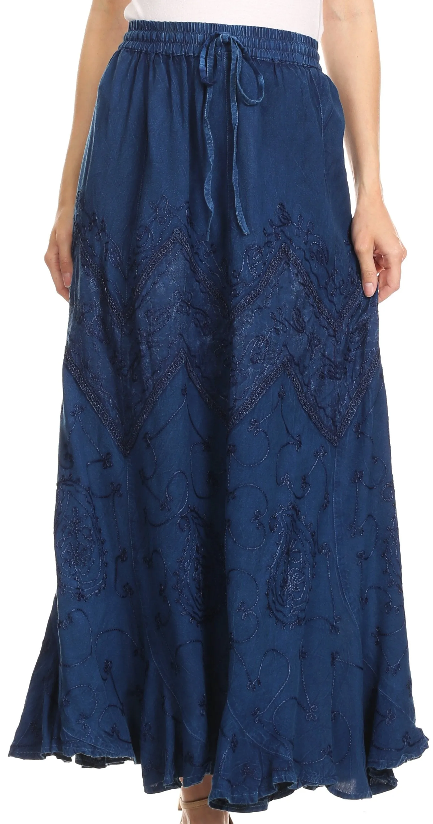 Sakkas Evelyn Womens Stonewashed Maxi Ruffle Skirt with Elastic Waist & Embroidery