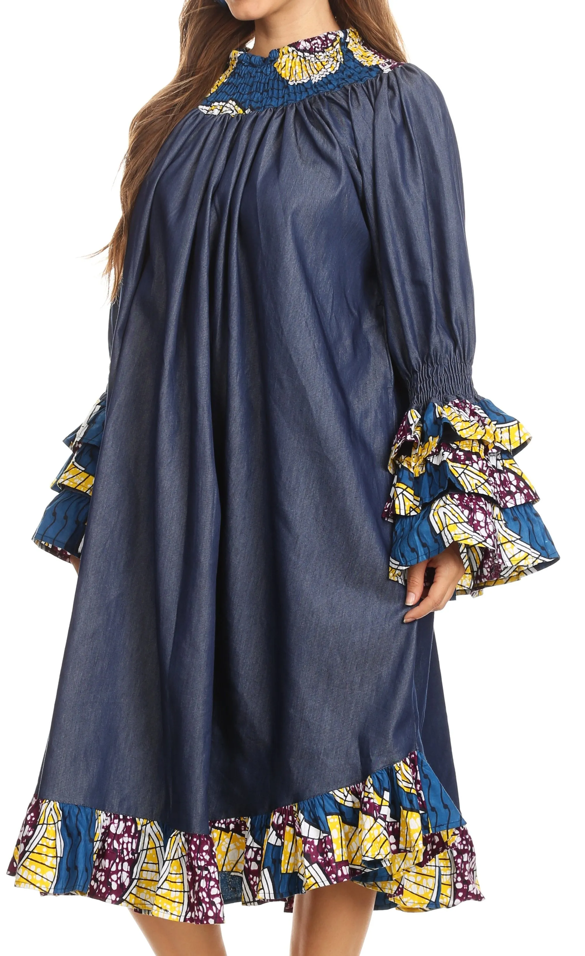 Sakkas Folami Chambray and Ankara Wax Dutch Print Muumuu Dress Relax Fit