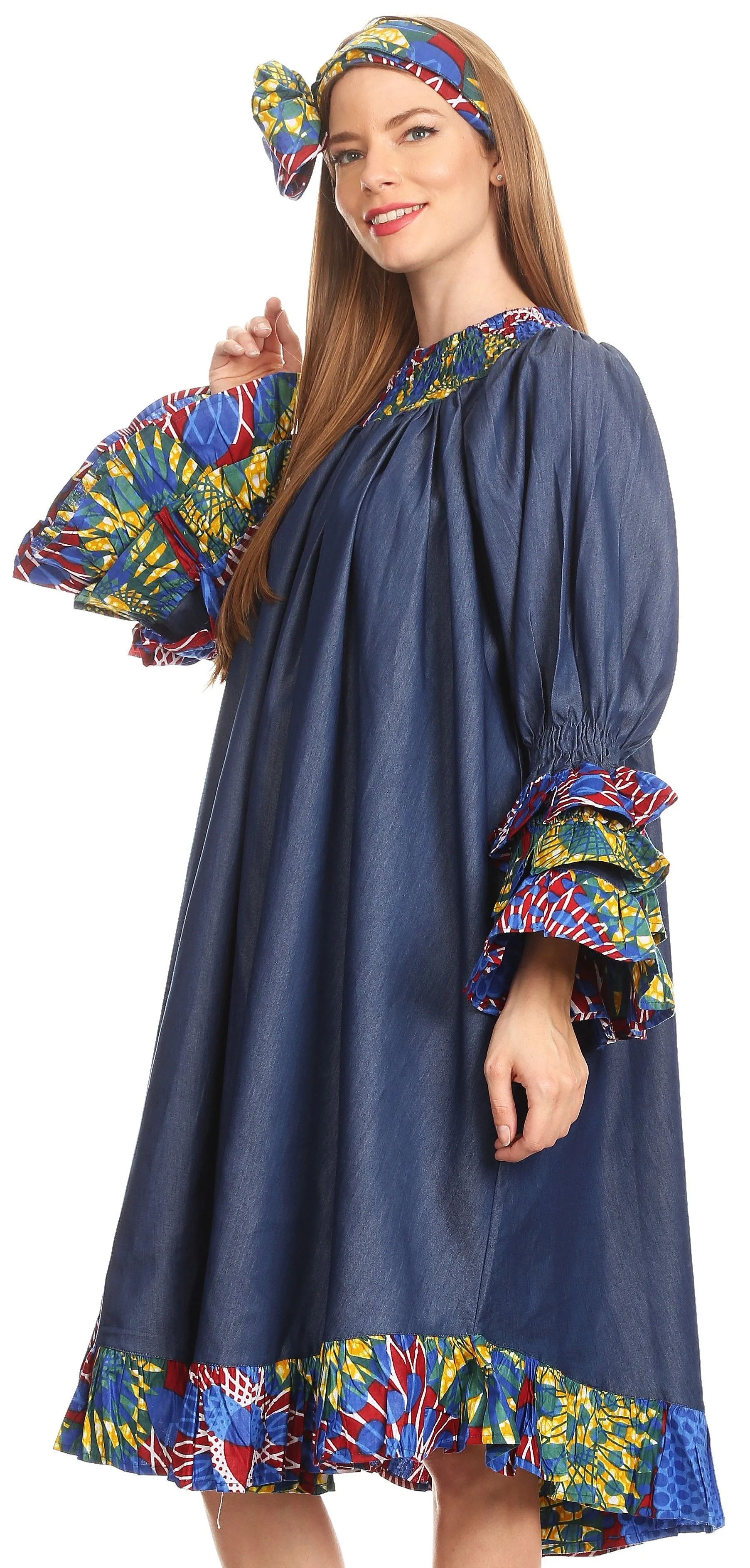 Sakkas Folami Chambray and Ankara Wax Dutch Print Muumuu Dress Relax Fit