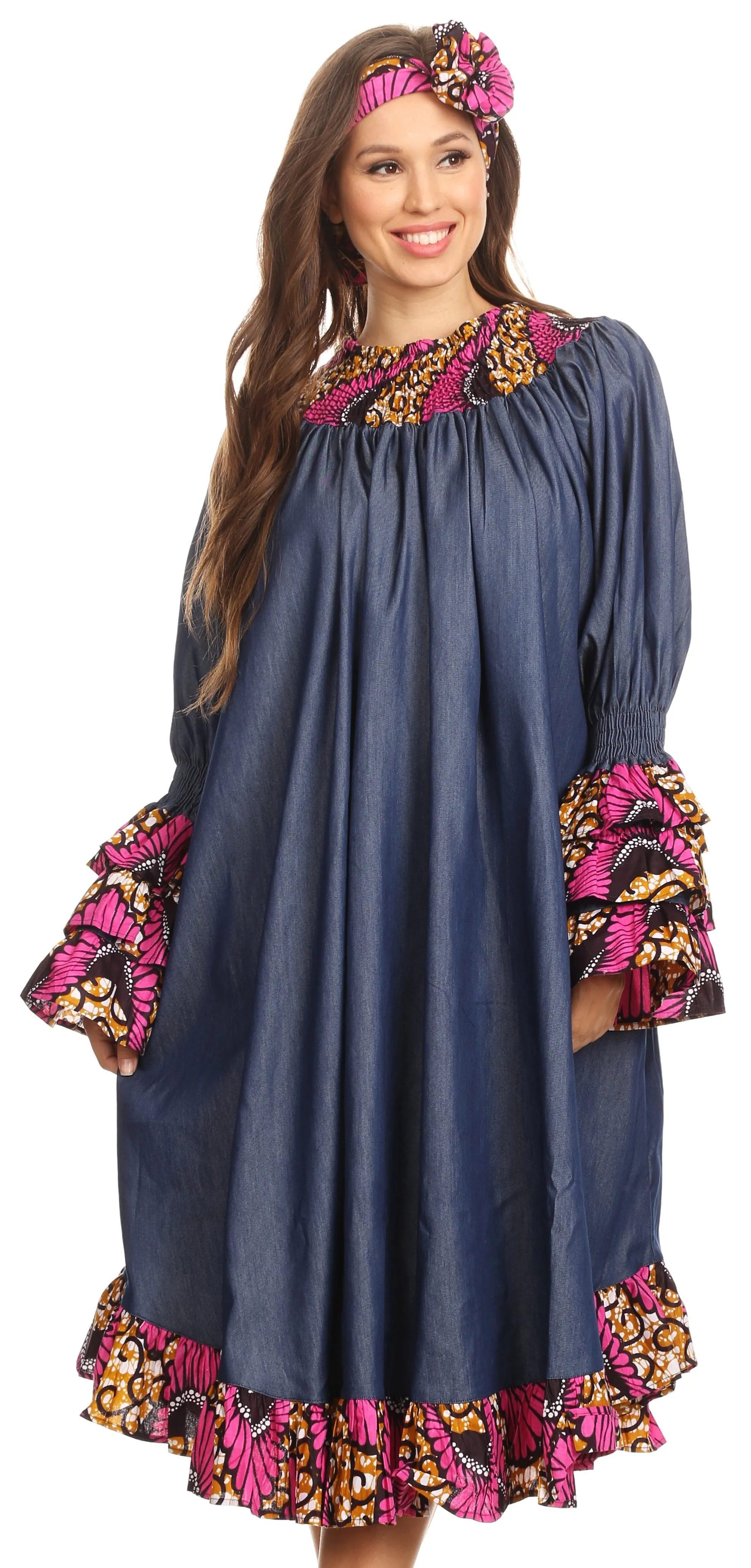 Sakkas Folami Chambray and Ankara Wax Dutch Print Muumuu Dress Relax Fit