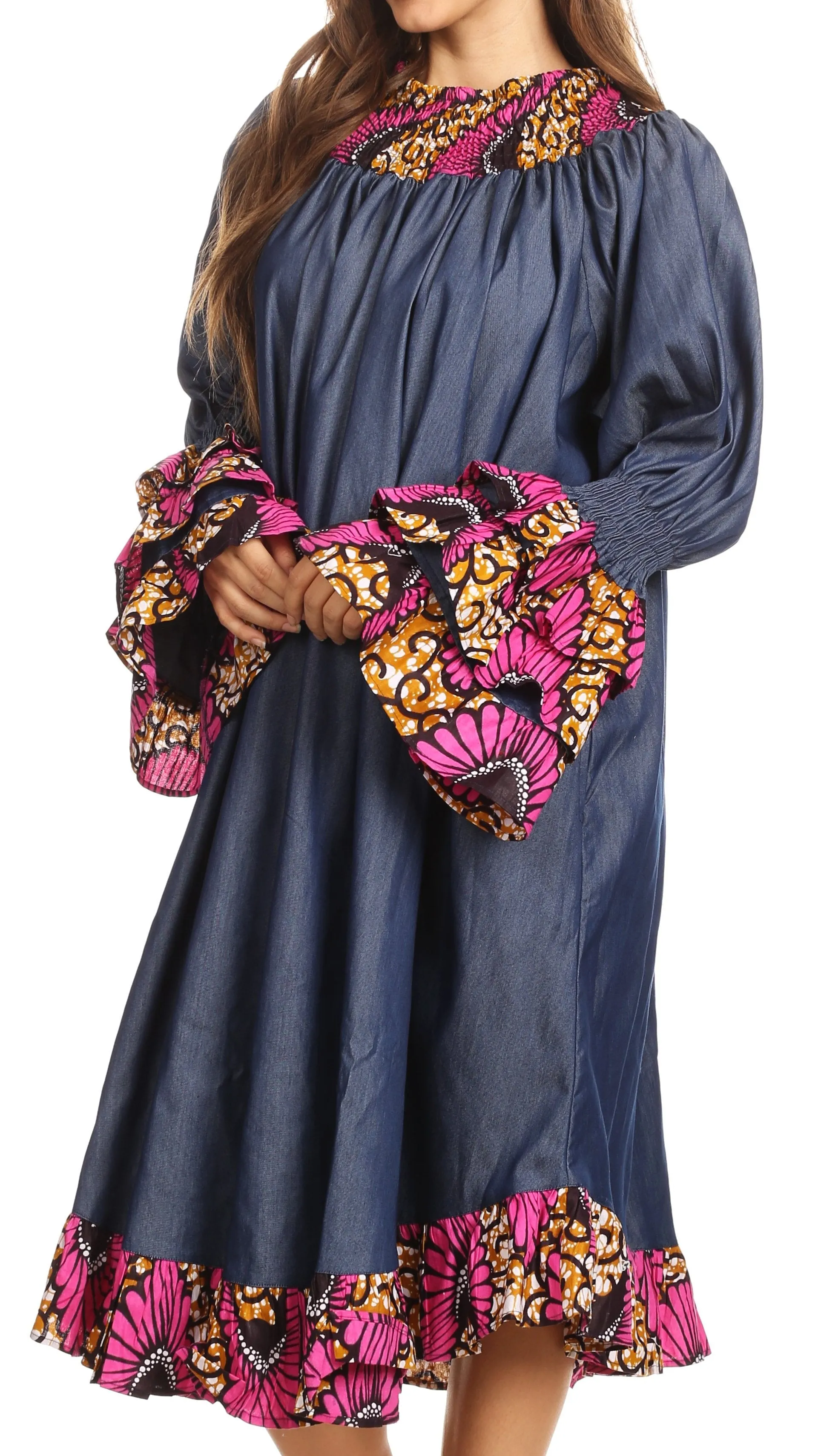 Sakkas Folami Chambray and Ankara Wax Dutch Print Muumuu Dress Relax Fit