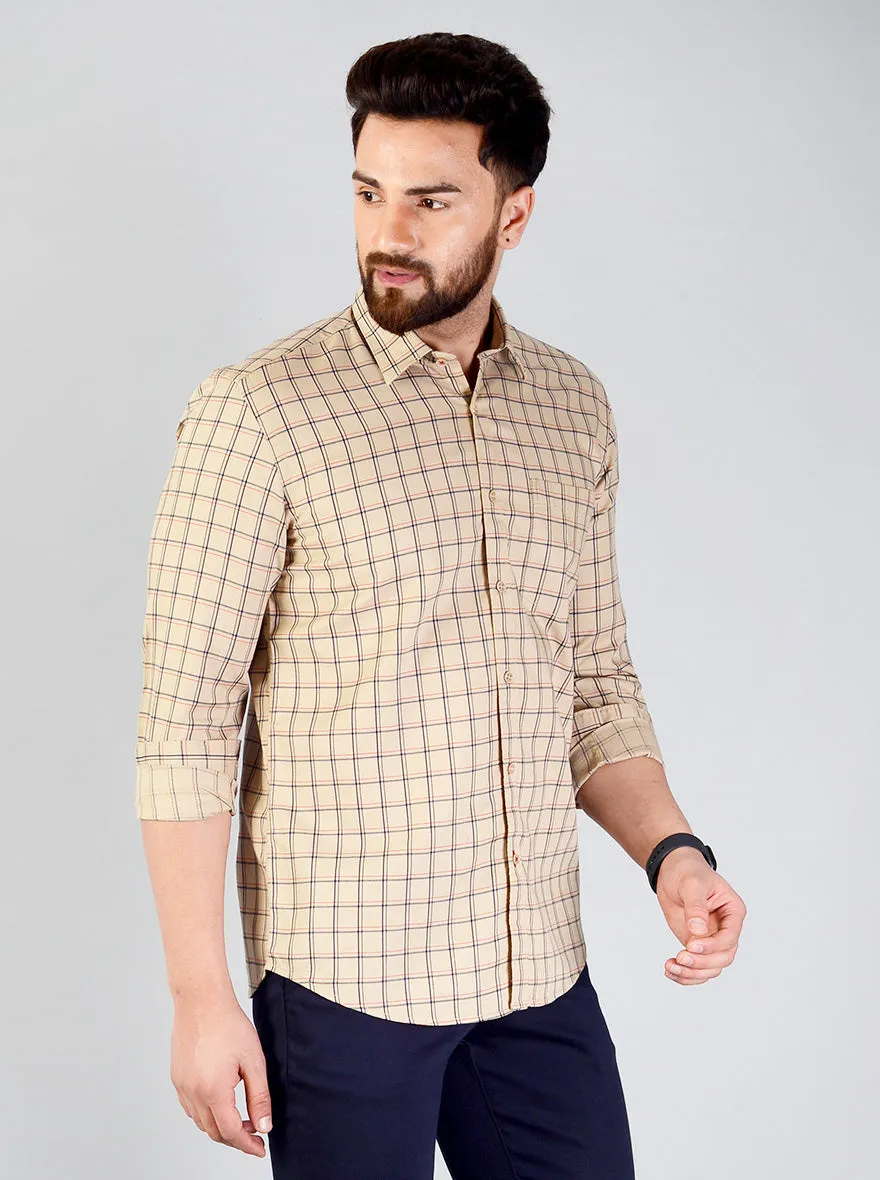 Sand Brown Checked Slim Fit Casual Shirt | JadeBlue