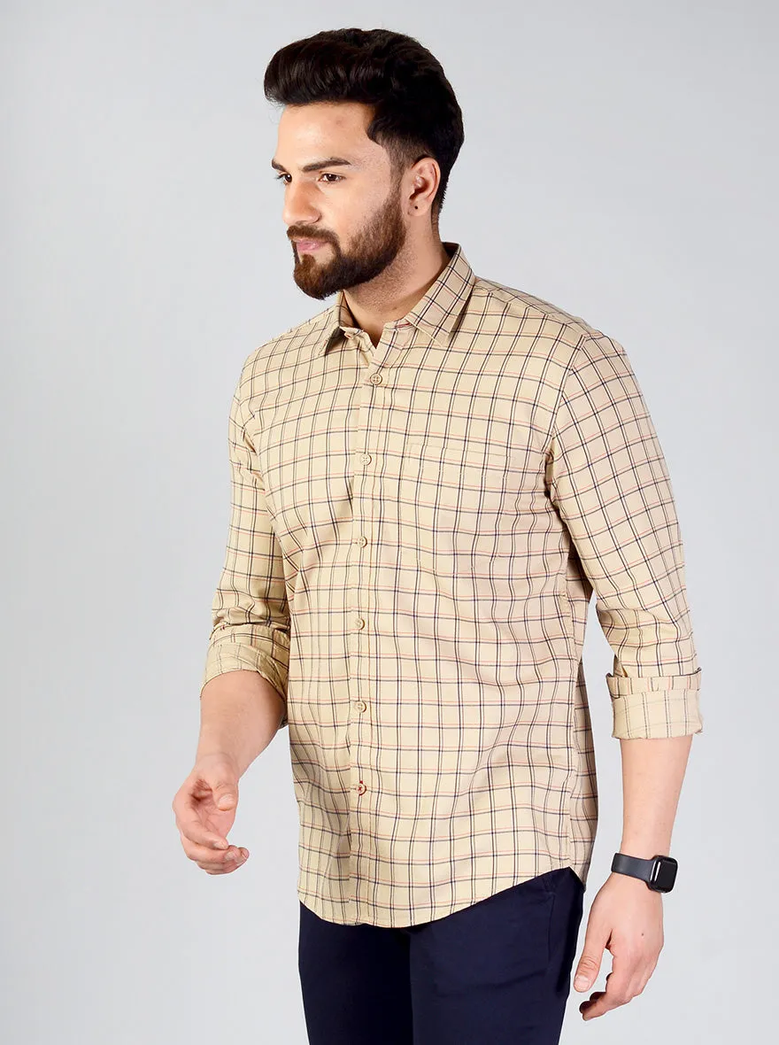 Sand Brown Checked Slim Fit Casual Shirt | JadeBlue