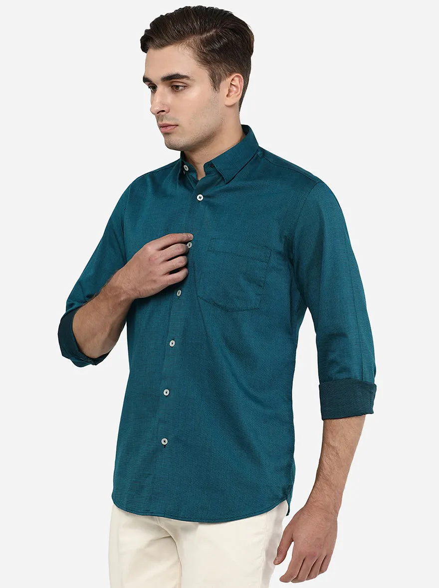 Teal Blue Solid Slim Fit Casual Shirt | JadeBlue