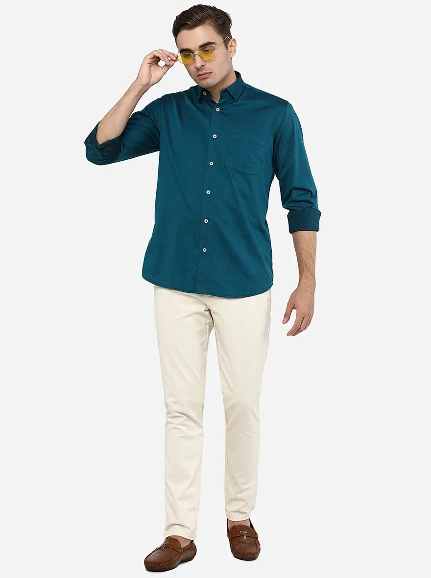 Teal Blue Solid Slim Fit Casual Shirt | JadeBlue