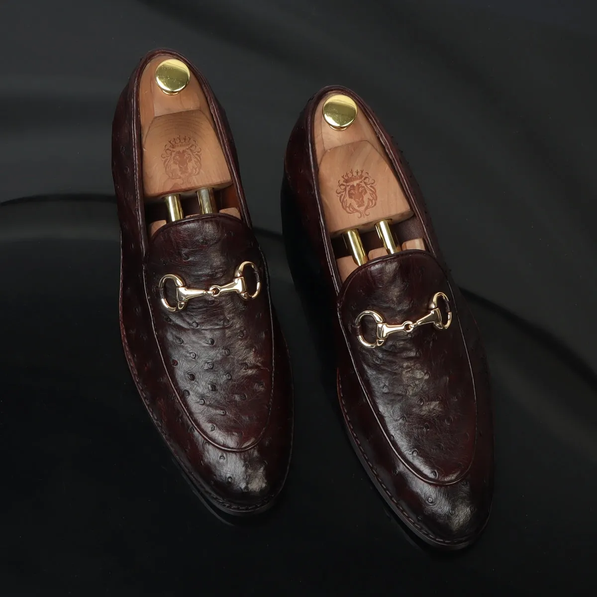 Tobacco Brown Slip-On  Shoes in Real Ostrich Leather Horse-bit Buckle