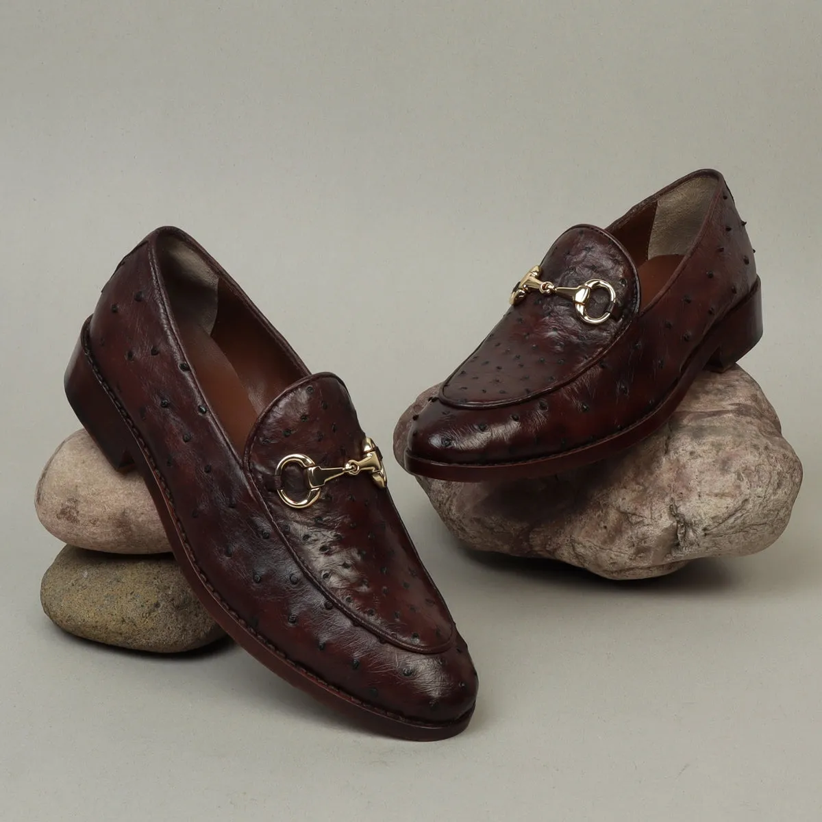 Tobacco Brown Slip-On  Shoes in Real Ostrich Leather Horse-bit Buckle