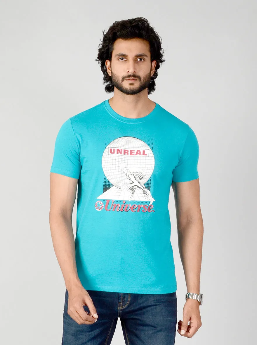 Turquoise Blue Printed Slim Fit T-shirt | JadeBlue