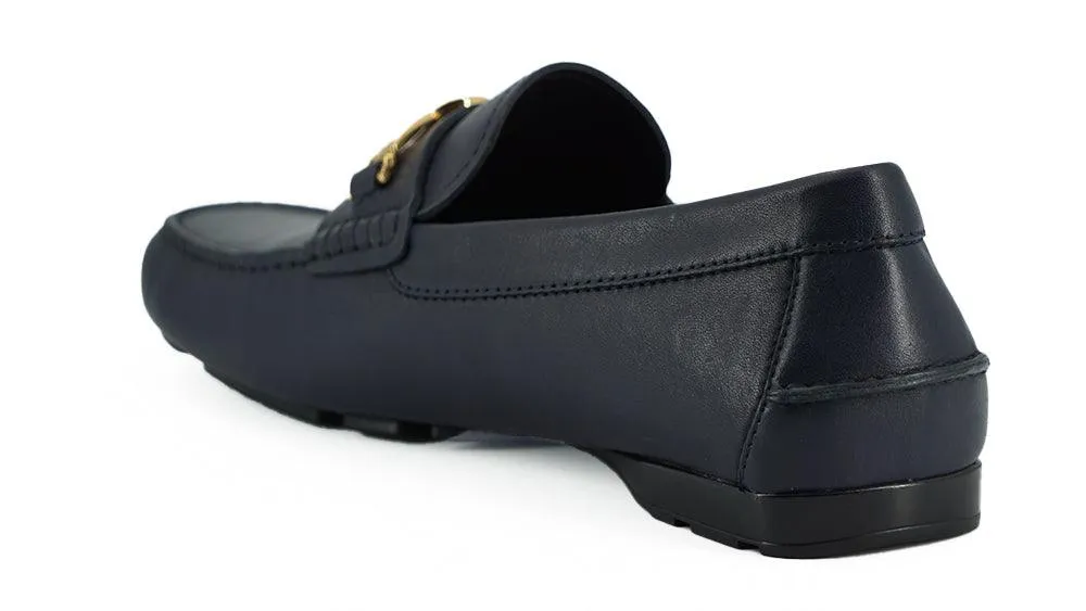 Versace Navy Blue Calf Leather Loafers Shoes