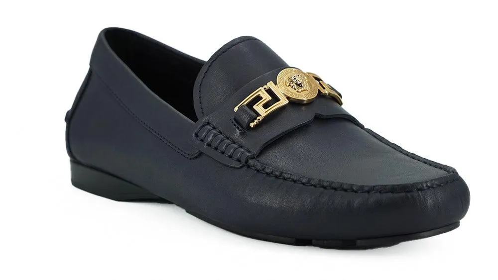 Versace Navy Blue Calf Leather Loafers Shoes