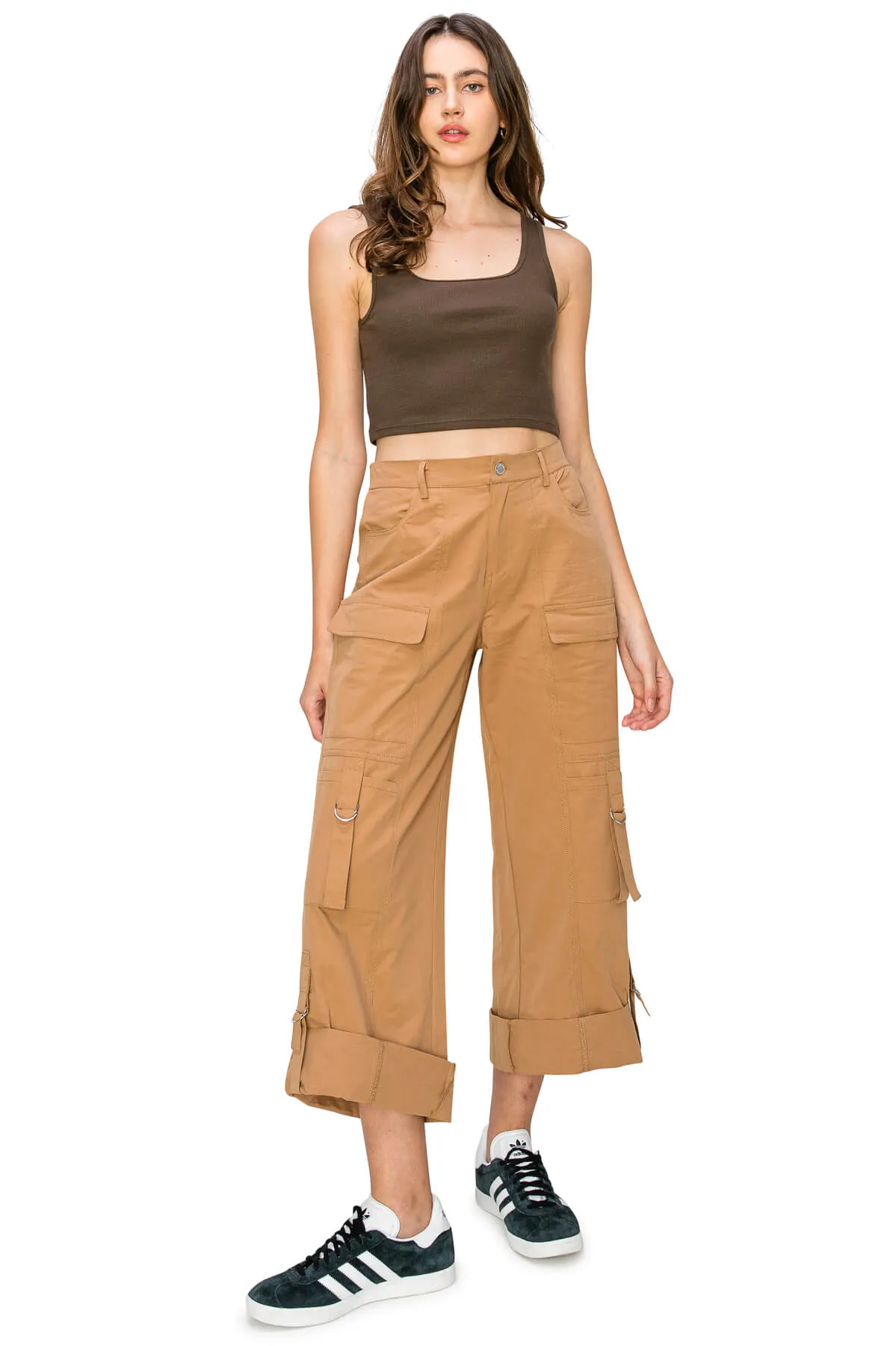 Wide Leg Relaxed 2 Way Cargo Pants - Tan