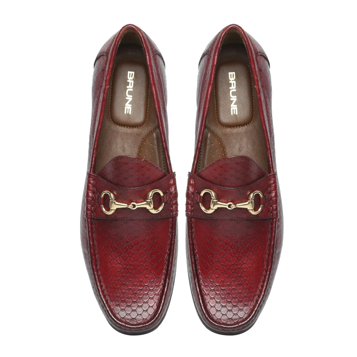 Wine Horsebit Snake Scales Leather Loafers with Leather Sole by Brune & Bareskin